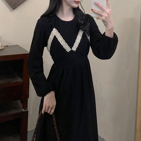 コーデュロイワンピース レイヤード風秋冬 大人可愛い ロングワンピース 厚手 重ね着風 レディース オシャレ Aラインワンピース 長袖レトロ 体型カバー きれいめ 1AMY-013