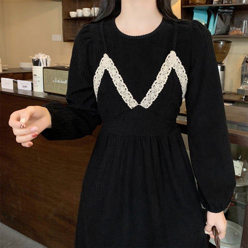 コーデュロイワンピース レイヤード風秋冬 大人可愛い ロングワンピース 厚手 重ね着風 レディース オシャレ Aラインワンピース 長袖レトロ 体型カバー きれいめ 1AMY-013