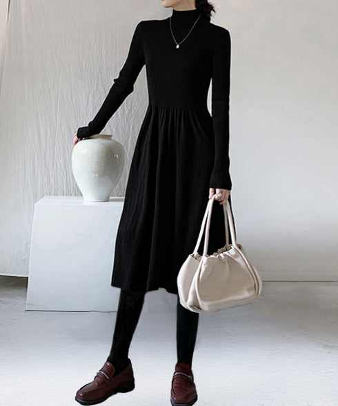 ミドル丈ニットワンピースハイネックワンピ レディース オフィスカジュアル Aラインワンピース着回し きれいめ膝下丈ワンピース 着やせインナーワンピ おしゃれ秋冬服 1BAIHO-002