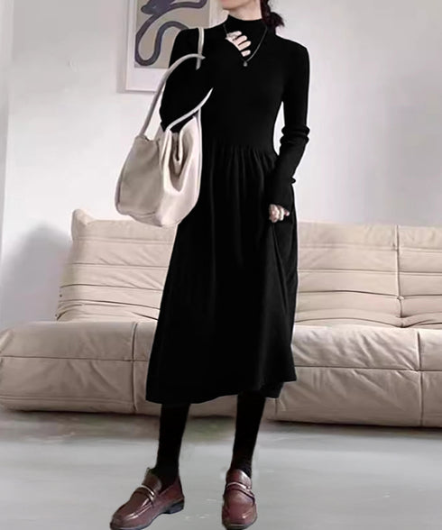 ミドル丈ニットワンピースハイネックワンピ レディース オフィスカジュアル Aラインワンピース着回し きれいめ膝下丈ワンピース 着やせインナーワンピ おしゃれ秋冬服 1BAIHO-002