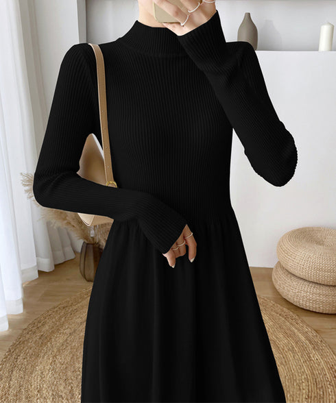 ミドル丈ニットワンピースハイネックワンピ レディース オフィスカジュアル Aラインワンピース着回し きれいめ膝下丈ワンピース 着やせインナーワンピ おしゃれ秋冬服 1BAIHO-002