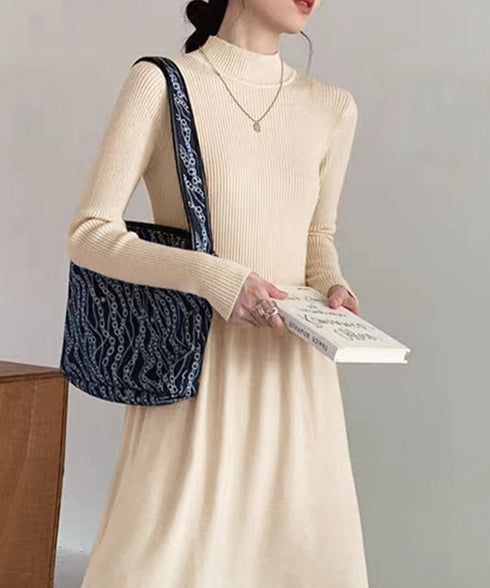 ミドル丈ニットワンピースハイネックワンピ レディース オフィスカジュアル Aラインワンピース着回し きれいめ膝下丈ワンピース 着やせインナーワンピ おしゃれ秋冬服 1BAIHO-002