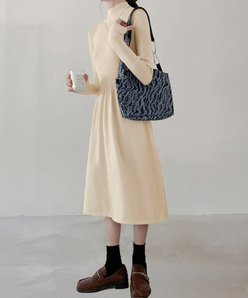 ミドル丈ニットワンピースハイネックワンピ レディース オフィスカジュアル Aラインワンピース着回し きれいめ膝下丈ワンピース 着やせインナーワンピ おしゃれ秋冬服 1BAIHO-002