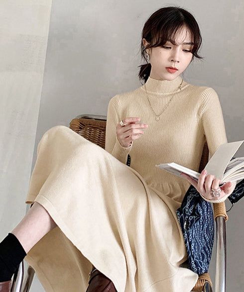 ミドル丈ニットワンピースハイネックワンピ レディース オフィスカジュアル Aラインワンピース着回し きれいめ膝下丈ワンピース 着やせインナーワンピ おしゃれ秋冬服 1BAIHO-002