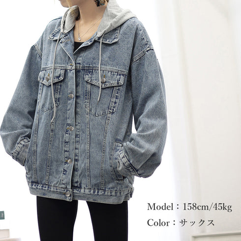 韓国デニムジャケット フード付き 大きい レディース ゆったり オーバーサイズジャケット 体型カバー ライトアウター おしゃれ Gジャン レイヤード風パーカー長袖 1CHENGXU-001