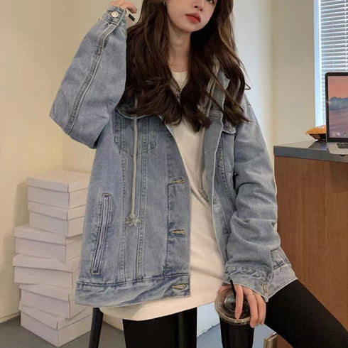 韓国デニムジャケット フード付き 大きい レディース ゆったり オーバーサイズジャケット 体型カバー ライトアウター おしゃれ Gジャン レイヤード風パーカー長袖 1CHENGXU-001