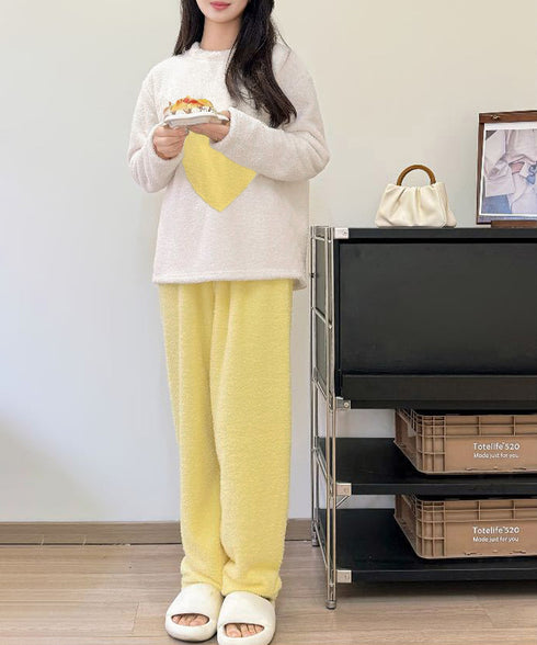 ルームウェア上下セット フリースパジャマ レディース あったかハート柄部屋着 可愛いリラックスお泊りナイトウェア ふわふわ部屋着セットアップ 韓国風長袖寝巻き人気 1CHENL-001