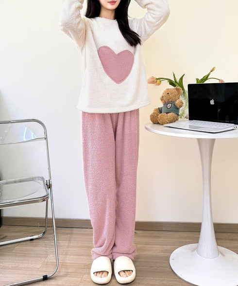 ルームウェア上下セット フリースパジャマ レディース あったかハート柄部屋着 可愛いリラックスお泊りナイトウェア ふわふわ部屋着セットアップ 韓国風長袖寝巻き人気 1CHENL-001