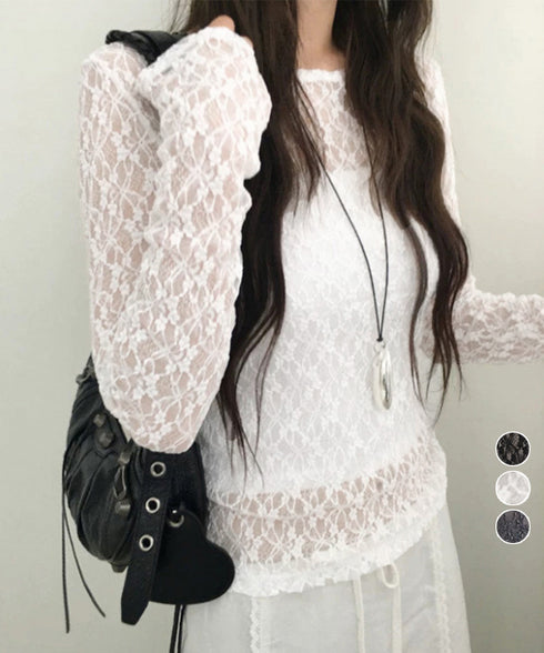 シアーレーストップス 長袖レースインナー レディース 重ね着 レイヤードインナーカットソー 大人カジュアル シアープルオーバー 韓国風 透け感 花柄レースブラウス 1CHENXINI-006