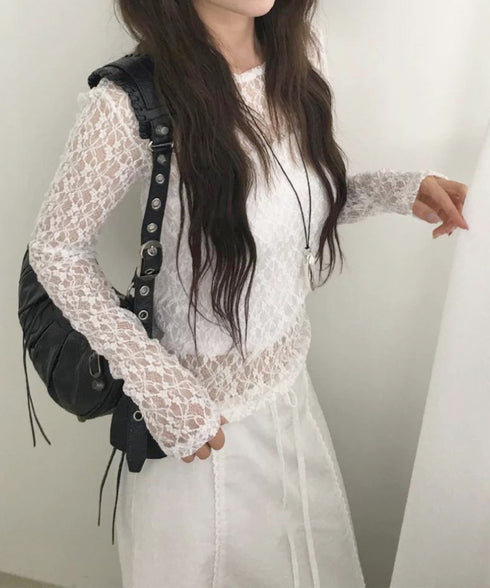 シアーレーストップス 長袖レースインナー レディース 重ね着 レイヤードインナーカットソー 大人カジュアル シアープルオーバー 韓国風 透け感 花柄レースブラウス 1CHENXINI-006