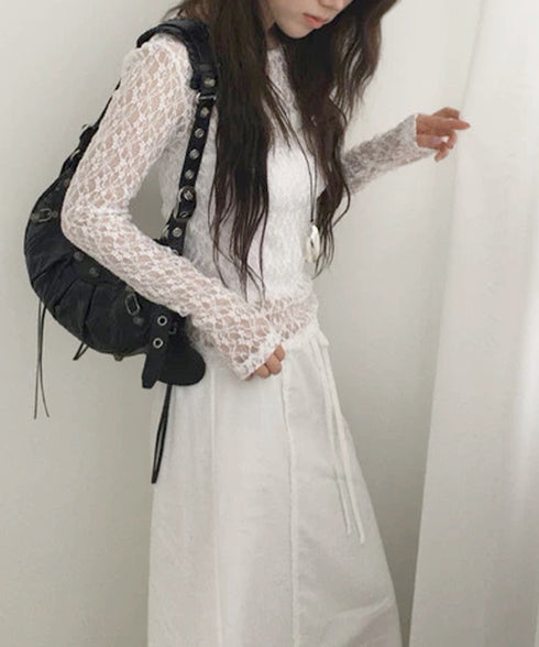 シアーレーストップス 長袖レースインナー レディース 重ね着 レイヤードインナーカットソー 大人カジュアル シアープルオーバー 韓国風 透け感 花柄レースブラウス 1CHENXINI-006