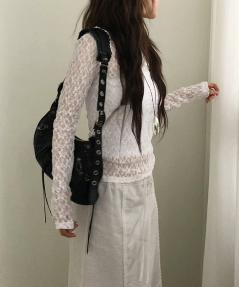 シアーレーストップス 長袖レースインナー レディース 重ね着 レイヤードインナーカットソー 大人カジュアル シアープルオーバー 韓国風 透け感 花柄レースブラウス 1CHENXINI-006