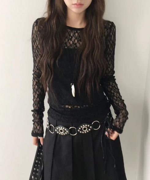 シアーレーストップス 長袖レースインナー レディース 重ね着 レイヤードインナーカットソー 大人カジュアル シアープルオーバー 韓国風 透け感 花柄レースブラウス 1CHENXINI-006