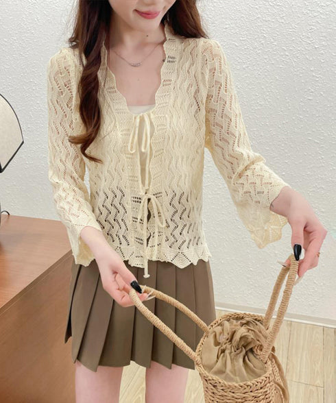 透かし編みリボンカーディガン レディース フロントリボン春夏トップス 長袖シースルー羽織り透け感 大人可愛い春夏服薄手 韓国ファッションきれいめ冷房対策体型カバー 1CHENXINI-009