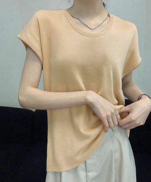 ニットTシャツ レディース 韓国風 夏服 Uネック プルオーバー 着やせ 大人カジュアル インスタ映え シンプルカットソー おしゃれ半袖トップス リラックス 無地 1CHIC-001