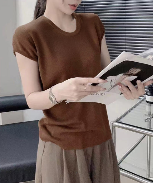 ニットTシャツ レディース 韓国風 夏服 Uネック プルオーバー 着やせ 大人カジュアル インスタ映え シンプルカットソー おしゃれ半袖トップス リラックス 無地 1CHIC-001