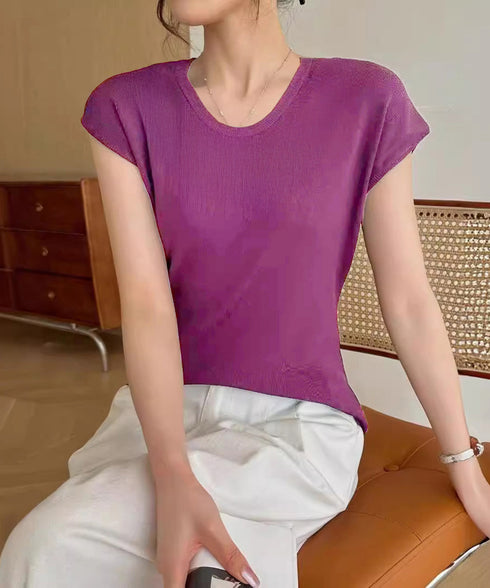 ニットTシャツ レディース 韓国風 夏服 Uネック プルオーバー 着やせ 大人カジュアル インスタ映え シンプルカットソー おしゃれ半袖トップス リラックス 無地 1CHIC-001