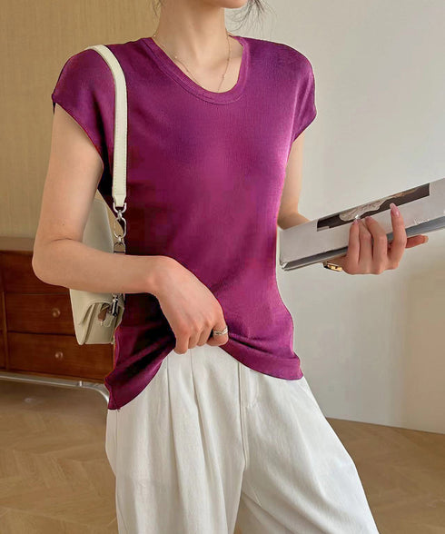 ニットTシャツ レディース 韓国風 夏服 Uネック プルオーバー 着やせ 大人カジュアル インスタ映え シンプルカットソー おしゃれ半袖トップス リラックス 無地 1CHIC-001