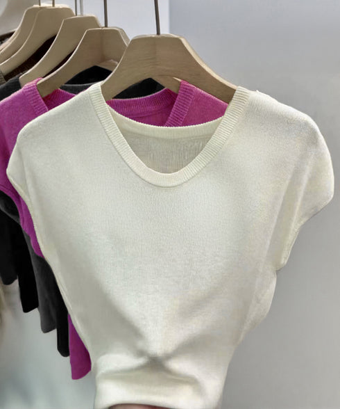 ニットTシャツ レディース 韓国風 夏服 Uネック プルオーバー 着やせ 大人カジュアル インスタ映え シンプルカットソー おしゃれ半袖トップス リラックス 無地 1CHIC-001