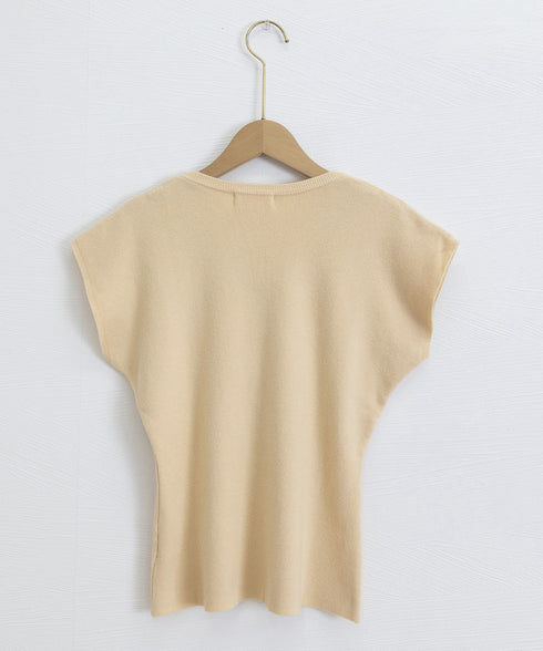 ニットTシャツ レディース 韓国風 夏服 Uネック プルオーバー 着やせ 大人カジュアル インスタ映え シンプルカットソー おしゃれ半袖トップス リラックス 無地 1CHIC-001