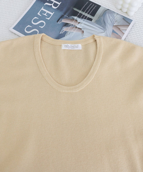 ニットTシャツ レディース 韓国風 夏服 Uネック プルオーバー 着やせ 大人カジュアル インスタ映え シンプルカットソー おしゃれ半袖トップス リラックス 無地 1CHIC-001