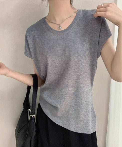 ニットTシャツ レディース 韓国風 夏服 Uネック プルオーバー 着やせ 大人カジュアル インスタ映え シンプルカットソー おしゃれ半袖トップス リラックス 無地 1CHIC-001