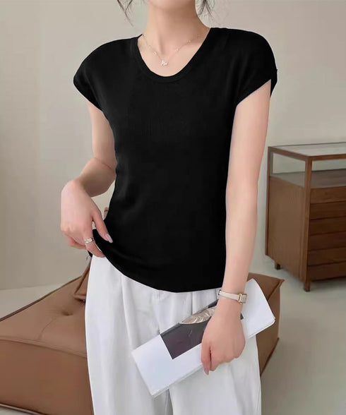 ニットTシャツ レディース 韓国風 夏服 Uネック プルオーバー 着やせ 大人カジュアル インスタ映え シンプルカットソー おしゃれ半袖トップス リラックス 無地 1CHIC-001