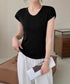 ニットTシャツ レディース 韓国風 夏服 Uネック プルオーバー 着やせ 大人カジュアル インスタ映え シンプルカットソー おしゃれ半袖トップス リラックス 無地 1CHIC-001
