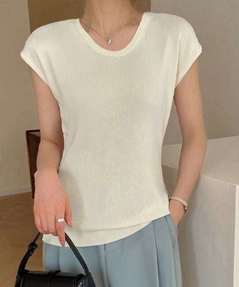 ニットTシャツ レディース 韓国風 夏服 Uネック プルオーバー 着やせ 大人カジュアル インスタ映え シンプルカットソー おしゃれ半袖トップス リラックス 無地 1CHIC-001