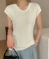 ニットTシャツ レディース 韓国風 夏服 Uネック プルオーバー 着やせ 大人カジュアル インスタ映え シンプルカットソー おしゃれ半袖トップス リラックス 無地 1CHIC-001