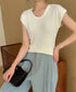 ニットTシャツ レディース 韓国風 夏服 Uネック プルオーバー 着やせ 大人カジュアル インスタ映え シンプルカットソー おしゃれ半袖トップス リラックス 無地 1CHIC-001