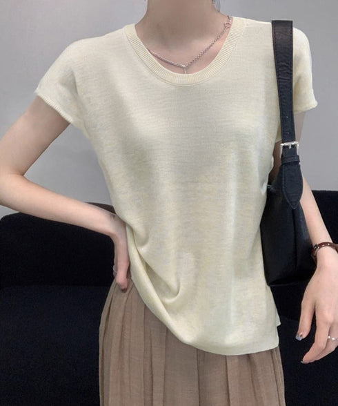ニットTシャツ レディース 韓国風 夏服 Uネック プルオーバー 着やせ 大人カジュアル インスタ映え シンプルカットソー おしゃれ半袖トップス リラックス 無地 1CHIC-001