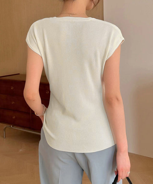 ニットTシャツ レディース 韓国風 夏服 Uネック プルオーバー 着やせ 大人カジュアル インスタ映え シンプルカットソー おしゃれ半袖トップス リラックス 無地 1CHIC-001