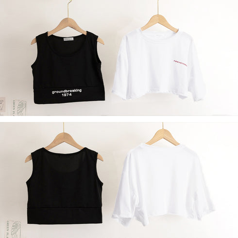 ヘソ出しtシャツ タンクトップ 韓国 2点セット トップス 春夏 ショート丈tシャツ 半袖 セットアップ レディース カジュアル アンサンブル セクシー 1DANMEI-001