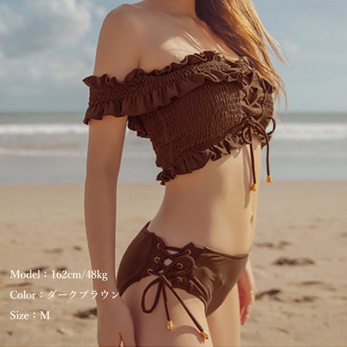 フリルオフショルダービキニ 韓国風 レディース フリル ビキニ 編み上げ 上下セット レースアップ ビキニ セクシー セパレート水着 大人可愛い 体型カバー 1DAPENG-001