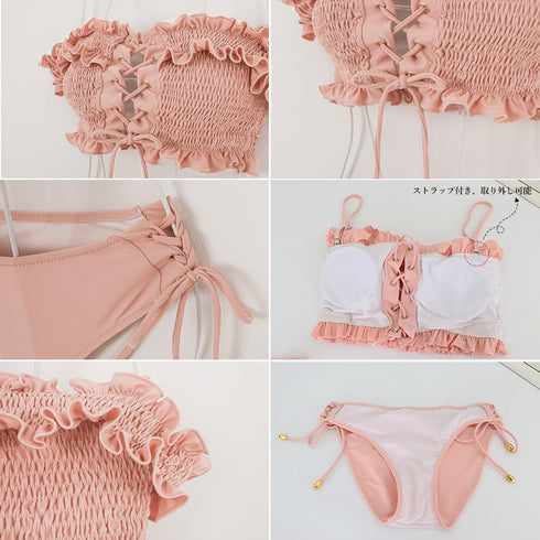 フリルオフショルダービキニ 韓国風 レディース フリル ビキニ 編み上げ 上下セット レースアップ ビキニ セクシー セパレート水着 大人可愛い 体型カバー 1DAPENG-001