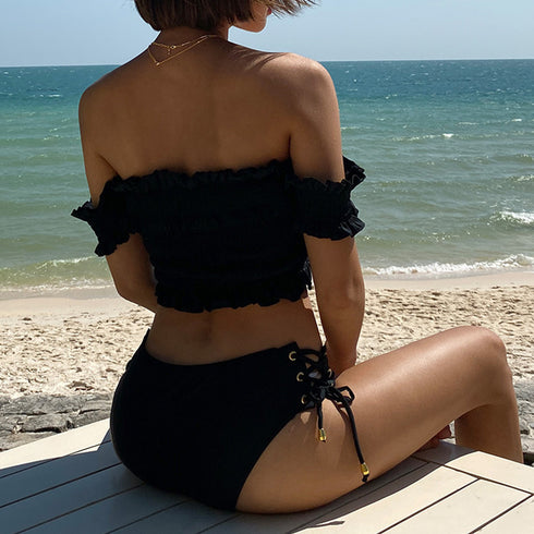 フリルオフショルダービキニ 韓国風 レディース フリル ビキニ 編み上げ 上下セット レースアップ ビキニ セクシー セパレート水着 大人可愛い 体型カバー 1DAPENG-001