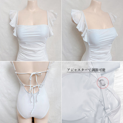 フリルショルダーワンピース水着レディース バックオープン レオタード水着 体型カバー モノキニ スクエアネックスイムウェア セクシー オールインワン水着 リゾート 1DAPENG-002