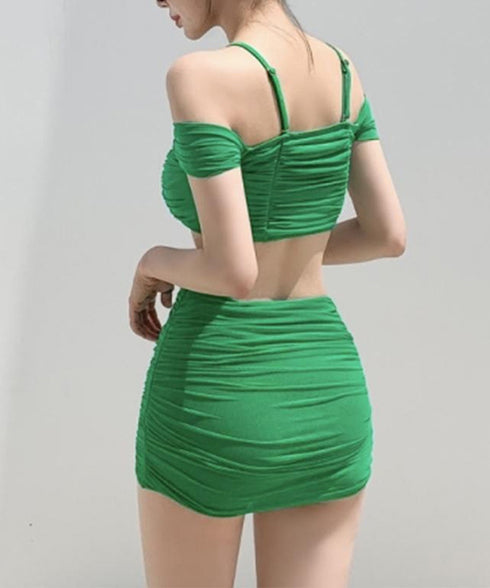 ビキニ水着 セクシーシャーリング水着夏海 オフショルダー水着 レディース 2way ホルター水着セット 露出控えめ 大人可愛いハイウエスト お洒落スイムウェア 1DERUI-001