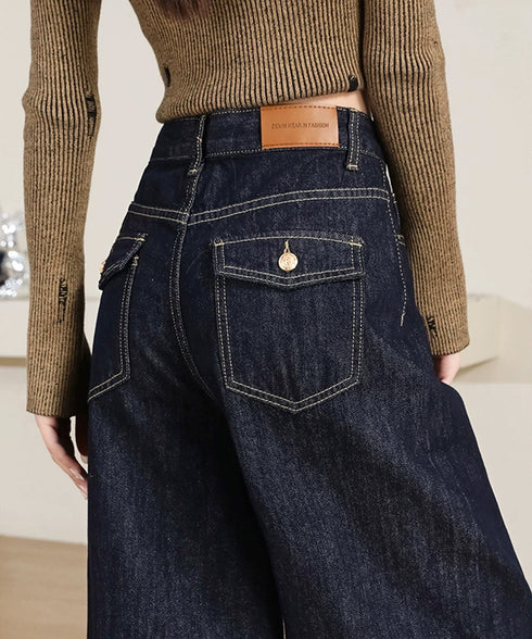 ワイドデニムパンツ ハイウエストジーンズ レディース ゆったり バギーパンツ 体型カバーロングパンツ カジュアルボトムス 美脚脚長 レトロ風 レザーパッチジーパン 1DKUAN-001