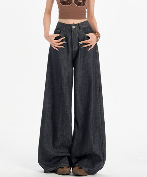 ワイドデニムパンツ ハイウエストジーンズ レディース ゆったり バギーパンツ 体型カバーロングパンツ カジュアルボトムス 美脚脚長 レトロ風 レザーパッチジーパン 1DKUAN-001