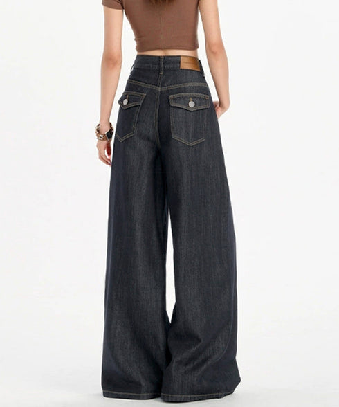 ワイドデニムパンツ ハイウエストジーンズ レディース ゆったり バギーパンツ 体型カバーロングパンツ カジュアルボトムス 美脚脚長 レトロ風 レザーパッチジーパン 1DKUAN-001