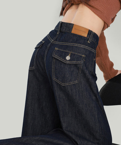 ワイドデニムパンツ ハイウエストジーンズ レディース ゆったり バギーパンツ 体型カバーロングパンツ カジュアルボトムス 美脚脚長 レトロ風 レザーパッチジーパン 1DKUAN-001