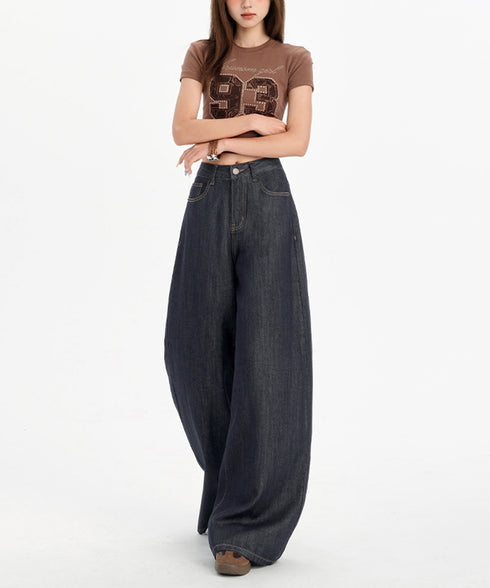 ワイドデニムパンツ ハイウエストジーンズ レディース ゆったり バギーパンツ 体型カバーロングパンツ カジュアルボトムス 美脚脚長 レトロ風 レザーパッチジーパン 1DKUAN-001