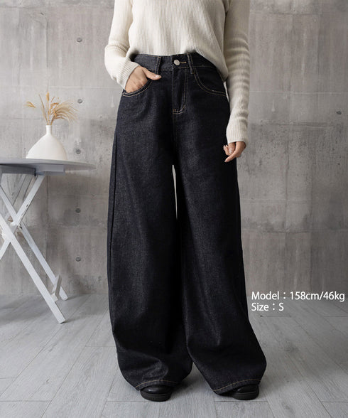 ワイドデニムパンツ ハイウエストジーンズ レディース ゆったり バギーパンツ 体型カバーロングパンツ カジュアルボトムス 美脚脚長 レトロ風 レザーパッチジーパン 1DKUAN-001