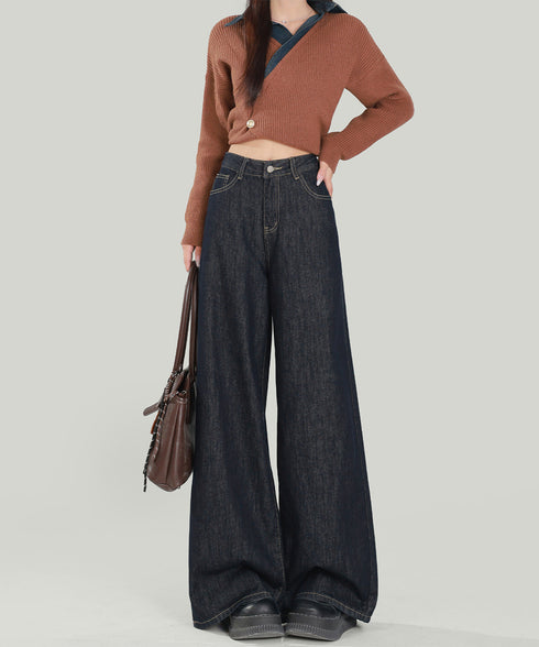 ワイドデニムパンツ ハイウエストジーンズ レディース ゆったり バギーパンツ 体型カバーロングパンツ カジュアルボトムス 美脚脚長 レトロ風 レザーパッチジーパン 1DKUAN-001