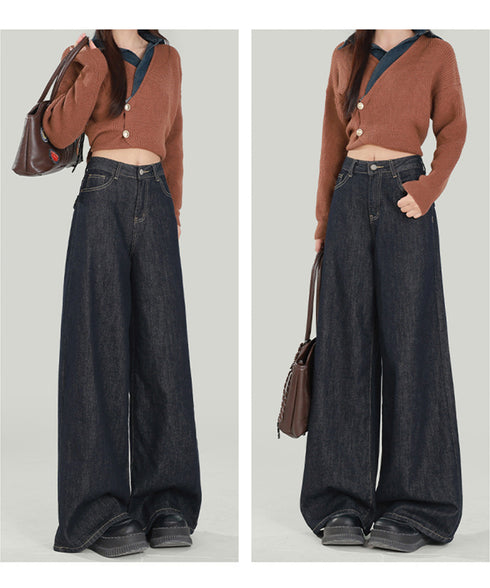 ワイドデニムパンツ ハイウエストジーンズ レディース ゆったり バギーパンツ 体型カバーロングパンツ カジュアルボトムス 美脚脚長 レトロ風 レザーパッチジーパン 1DKUAN-001