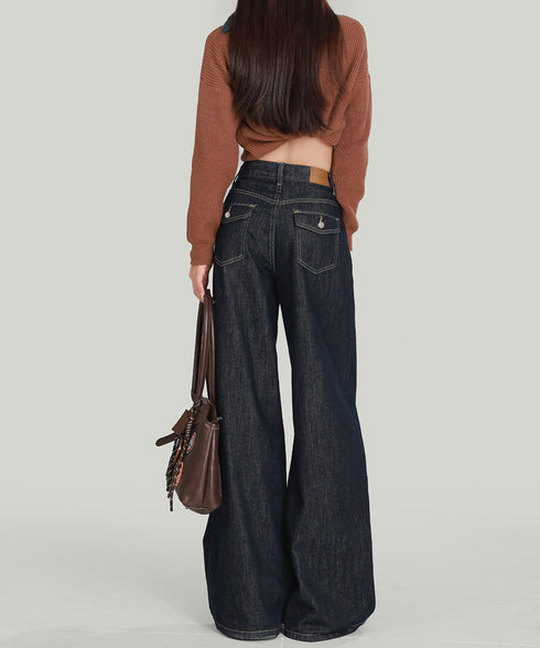 ワイドデニムパンツ ハイウエストジーンズ レディース ゆったり バギーパンツ 体型カバーロングパンツ カジュアルボトムス 美脚脚長 レトロ風 レザーパッチジーパン 1DKUAN-001