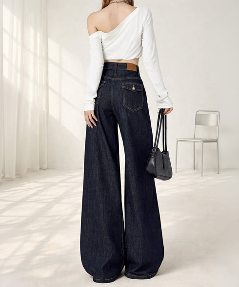 ワイドデニムパンツ ハイウエストジーンズ レディース ゆったり バギーパンツ 体型カバーロングパンツ カジュアルボトムス 美脚脚長 レトロ風 レザーパッチジーパン 1DKUAN-001