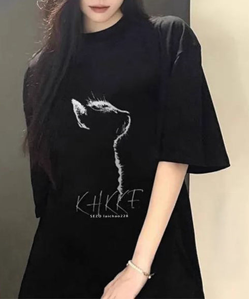 ビッグtシャツ レディース 半袖トップス 韓国風 イラストtシャツ おしゃれ カジュアルトップス 春夏 ドロップショルダーt ゆったり 着やせ 猫プリントtシャツ 1GJYS-001
